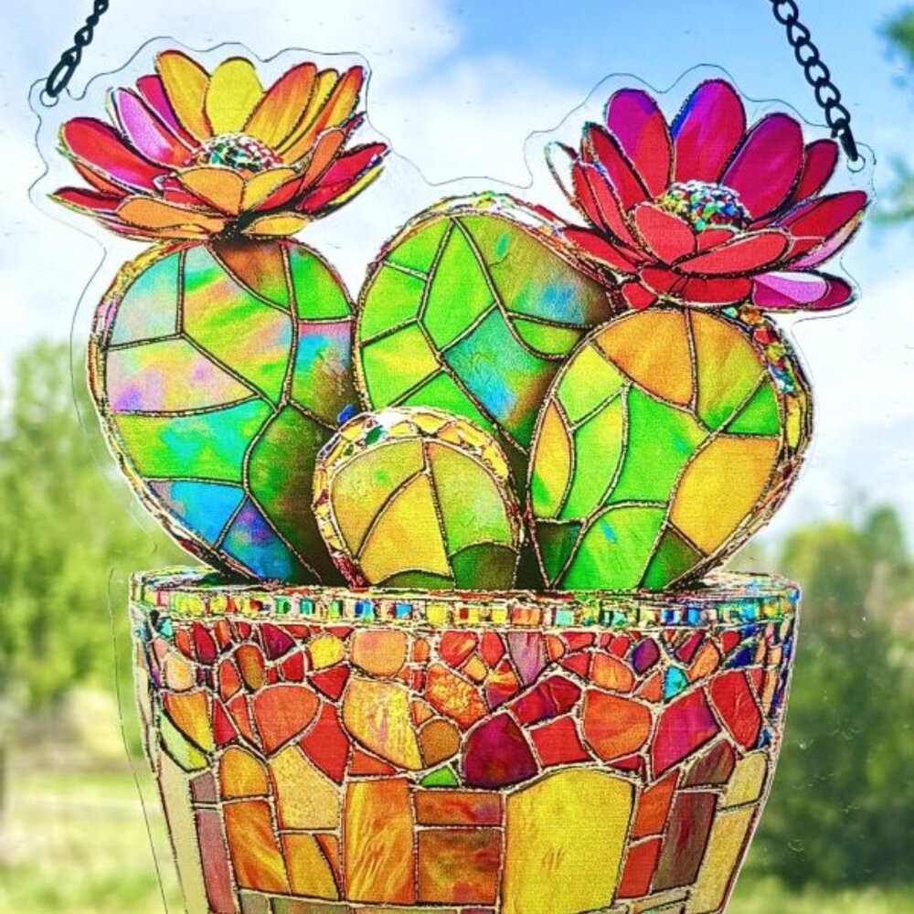 Vibrant 2D Acrylic Potted Flowering Cactus Cacti Sun Catcher Window Hanging New